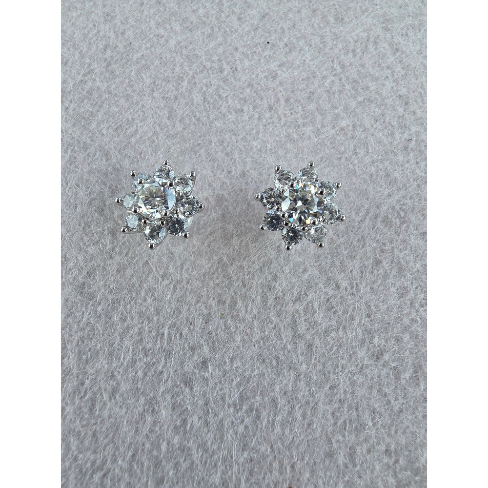Moissanite Starburst Stud Earrings Sterling Silver S925 Floral Halo Sparkly Rnd